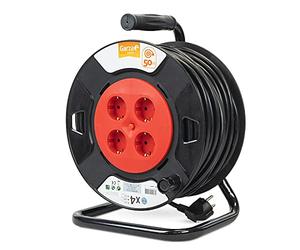 Garza Power - Enrollacables Brico de 50 Metros , 4 Tomas Schuko, Negro / Rojo