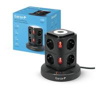 Garza - Regleta Torre 11 en 1 con 8 Enchufes Schuko, 2 USB-C PD20W y 1 USB-A, Carga Rápida, Luz Nocturna Regulable, Interruptores Individuales y Protección contra Sobrecargas y Cortocircuitos, Negro