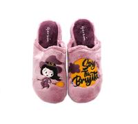 GARZON - Zapatilla de IR por casa,Chinela Destalonada,Pantufla,Dibujo de brujita y Frase,cuña para: Mujer Color: Malva Talla:35