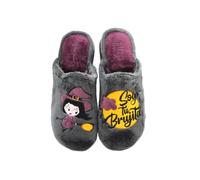 GARZON - Zapatilla de IR por casa,Chinela Destalonada,Pantufla,Dibujo de brujita y Frase,cuña para: Mujer Color: Gris Oscuro Talla:38