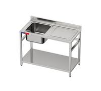 GASFRIT Fregadero Industrial con Balda Acero Inoxidable, 1 Seno con Escurridor, 1200x600x850mm, Barra de Refuerzo y Patas Regulables, Ideal Hostelería y Bares (Izquierda, Grifo monomando codo)
