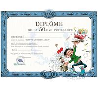 Gaston Lagaffe - Tarjeta doble con sobre de cumpleaños, diiploma de la 50ena chilante - Tarta para crema, botella de vino, champán, tapón cubo