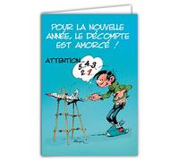GASTON LAGAFFE Tarjeta Mejores Deseos para el Año Nuevo Felicidad Suerte Recuento Medianoche Ilustración Dibujo Humorístico Dibujo Humor Belga BD Franquin Papel PEFC AFIE XGL 001 BA