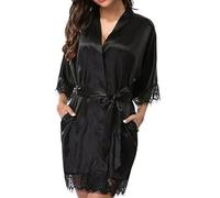 Gatamiau Bata de Baño Satén Ropa de Dama de Honor Albornoces Bata Sedosa Mujer Ropa Dormir Seda Helada Camisón Kimono Cuello en V Encaje Casarse Luna Miel (FR/ES, Letras, M, Regular, Regular, Negro)