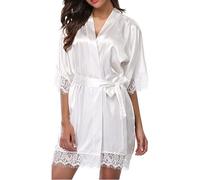 Gatamiau Bata de Baño Satén Ropa de Dama de Honor Albornoces Bata Sedosa Mujer Ropa Dormir Seda Helada Camisón Kimono Cuello en V Encaje Casarse Luna Miel (FR/ES, Letras, M, Regular, Regular, Blanco)