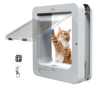 Gatera inteligente con microchip, puerta automática para mascotas con 2 collares con sensor y mando a distancia, cierre de 4 vías, resistente a la intemperie para gatos y perros pequeños, color marr