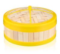 GATHINESS Vaporera de Bambú con Borde de Plástico Amarillo, 1 Nivel con Tapa, Práctica y Resistente para Cocinar Bollos y Verduras al Vapor en Casa
