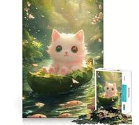 Gatito Blanco en Bote de Hojas Rompecabezas de 1000 Piezas para Adultos Juego Mental Divertido Tecnología Avanzada de Corte láser Un desafío entretenido para Pasar el Tiempo (38x26cm)