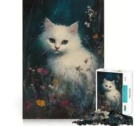Gatito Blanco Entre Flores Rompecabezas de 1000 Piezas para Adolescentes Juego Que estimula el Cerebro Encaje Huecos Actividad Relajante para Grupos en Interiores (38x26cm)
