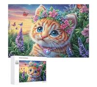 Gatito con Corona Floral y Mariposas Puzzle 1000 Piezas para Adolescentes 14+ Reto De Puzzle Pensamiento Crítico Regalo para Jóvenes 1000 PCS