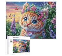 Gatito con Corona Floral y Mariposas Puzzle 500 Piezas para Adolescentes 14+ Ejercicio Lógico Desarrollo De Habilidades Regalo para Educación 500 PCS