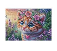 Gatito con una Corona de Flores en el Campo de Lavanda Puzzles 300 Piezas Obra De Arte 3D Familiar Rompecabezas para Adultos Aliviar Estrés Decoración Hogar Moderno DIY 300 PCS
