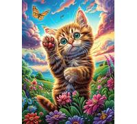 Gatito con una Mariposa en un jardín de Flores Puzzle 300 Piezas Cartón Grueso para Adultos Paisajes y Ciencia ficción Decoración Única Hogar Noches Juegos En Familia Regalo De Año Nue