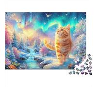 Gatito de Jengibre en un Bosque nevado y Brillante con Auroras Puzzle De 1000 Piezas Gato Lindo Perfecto Regalo para Niños, Niñas, Hombres Y Mujeres 52x38cm/1000pcs