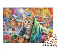 Gatito de Otoño Rompecabezas de Papel Grueso Gato en Manta acogedora en el Pueblo, Pack Regalo de Rompecabezas contra el aburrimiento 52x38cm/1000 Piezas