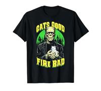 Gatito Fats Good Fire Bad, Divertido, Amante de los Gatos de Frankenstein Camiseta gráfica económica, Hombre, Negro, L