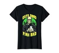 Gatito Fats Good Fire Bad, Divertido, Amante de los Gatos de Frankenstein Camiseta gráfica económica, Mujer, Negro, S