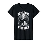Gatito Fats Good Fire Bad, Divertido, Amante de los Gatos de Frankenstein Camiseta gráfica económica, Mujer, Negro, L