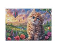 Gatito Globo aerostático Campo de Flores Animal Lindo Fauna Puzzle 300 Piezas Estera Portátil 3D Rompecabezas Familiar para Hombres Y Mujeres Aliviar Estrés Decoración Hogar 300 PCS