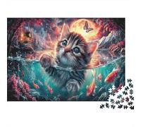 Gatito Nadando en el Estanque Koi bajo la Luna de Sangre Puzzle 1000 Piezas Desafiante Adultos - Mascotas Rompecabezas, Regalo, Juego Familiar, Decoración del Hogar 52x38cm/1000pcs