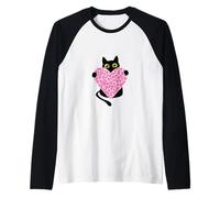 Gatito Negro Gato Sosteniendo Corazón Estampado Leopardo Rosa Camiseta Manga Raglan