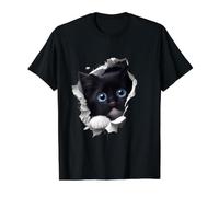 Gatito Negro Ojos Azules - Mirada Desde Abertura Camiseta gráfica económica, Hombre, Negro, M