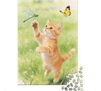 Gatito pelirrojo Persiguiendo una libélula Puzle 1000pcs Cartón Ecológico Unisex - Alta Definición Regalo Cumpleaños para Familias 52x38cm/1000pcs