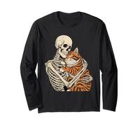Gato Abrazando Esqueleto - Gatito Espeluznante Amante de los Gatos de Halloween Manga Larga