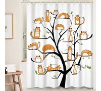 Gato árbol Cortina de Ducha Conjunto Naranja Lindo Gatito Cortina de baño Acuarela Divertido Animal Mascota Gato Cortinas de Ducha Lavable bañera Cortina 152x183cm