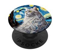 Gato atigrado blanco gatito - Van Gogh Starry Night Style PopSockets PopGrip Adhesivo