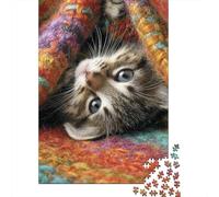 Gato Atigrado Bonito Puzzle de 1000 Piezas Papel Puzzle para Adultos Bajo Manta de Colores Relajación Familia Regalo Hogar 38x26cm/1000pcs