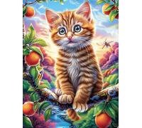 Gato atigrado con naranjas en el bosque mágico Rompecabezas 300 Piezas Cartón Para Principiantes Dibujo Animado de Paisajes de Cuento de Hadas Días Lluviosos Tiempo Libre En Casa Para Reyes Magos Deta