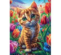 Gato atigrado con Tulipanes en un jardín Puzzle 1000 Piezas Cartón Resistente para Parejas Dibujo Animado de Paisajes de Cuento de Hadas Noches De Cita Actividad Antiestrés Tiempo Libre Pack Completo