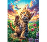 Gato atigrado con una Mariposa en la Pata Puzzle 300 Piezas Cartón Blanco Premium para Coleccionistas Dibujo Animado de Paisajes de Cuento de Hadas Desarrollo Cognitivo Ocio Tranquilo Casa Compatible