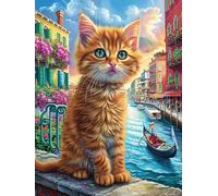 Gato atigrado en canales de Venecia Puzzle 1000 Piezas Estera Portátil Antideslizante Paisaje de cuento de hadas dibujado Rompecabezas Familiar Para Hombres Y Mujeres Aliviar Estrés Decoración Hogar 1