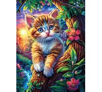 Gato atigrado en el Bosque mágico Puzzles 1000 Piezas Decoración Hogar 3D Animal Lindo de Cuento de Hadas Rompecabezas Familiar para Adultos Obra De Arte Colorido DIY Creativo 1000 PCS