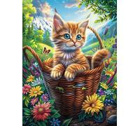 Gato atigrado en una Cesta con Flores Puzzle 500 Piezas Cartón Grueso para Toda La Familia Vida Silvestre y Mascotas Desarrollo Lógica Agilidad Mental Actividad Hacer En Grupo Idea De Regalo 500 PCS