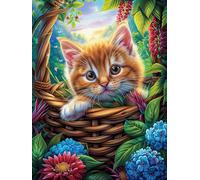 Gato atigrado en una Cesta de Flores Puzzles 300 Piezas Desafío Nivel Difícil Ciencia ficción sueño mágico Rompecabezas para Adultos Aliviar Estrés Decoración Hogar DIY Moderno Portátil 300 PCS