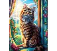 Gato atigrado Mirando por la Ventana Puzzle 500 Piezas Cartón Grueso para Toda La Familia Paisajes y Ciencia ficción Desarrollo Lógica Agilidad Mental Actividad Hacer En Grupo Idea De Regalo 500 PCS