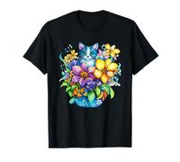 Gato Azul caprichoso en un Vibrante Ramo de Flores Camiseta