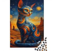 Gato Azul Fantasía Puzzle de 1000 Piezas Cartón para Adultos Noche del Desierto Juego de Puzzle 1000 Piezas Relajante Decorativo Regalo Familiar 38x26cm/1000pcs