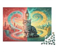 Gato Big Ben Londres Puzzle de 1000 Piezas Papel para Adultos Estilo Arte Fantástico Juego de Puzzle 1000 Piezas Relajación Decoración Hogar 38x26cm/1000pcs