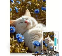 Gato Blanco durmiendo Entre Flores Azules Rompecabezas de 1000 Piezas para Adolescentes Juego de concentración Mental Corte de precisión Bordes Lisos Juego Ideal para Rellenar Calcetines navideños