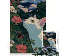 Gato Blanco en el jardín con Mariposa para Adultos Rompecabezas de 1000 Piezas Piensa, Entrena, sé Serena, Escape, Bordes definidos Regalo Creativo (50x75cm)