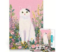 Gato Blanco en un Prado de Flores Coloridas Rompecabezas de 1000 Piezas para Adolescentes Juego de Memoria Cierre Seguro Sin Piezas Sueltas Ideal para Viajar Juego para ejercitar la Mente