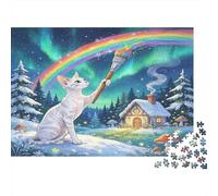 Gato Blanco Puzzle de 1000 Piezas Puzzle para Adultos Papel Noche de Aurora Arcoíris Nevado Juego Familiar Decoración Relajante Regalo 52x38cm/1000pcs