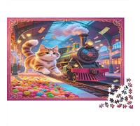 Gato Bonito Tren de Vapor Puzzle de 1000 Piezas Papel Puzzle para Adultos Estación Colorida Antiestrés Decoración Regalo Familiar 38x26cm/1000pcs