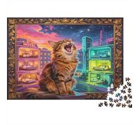 Gato Bostezo Paisaje Nocturno Urbano Puzzle de 1000 Piezas Papel Puzzle para Adultos Relajación Decoración Regalo Familiar 70x50cm/1000pcs
