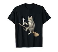 Gato Brujo Divertido en Escoba con Café Vintage Camiseta