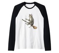 Gato Brujo Divertido en Escoba con Café Vintage Camiseta Manga Raglan